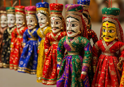 A Vibrant Display of Traditional Rajasthani Kathputli Puppets from India, Showcasing Intricate Craftsmanship and Rich Cultural Heritage