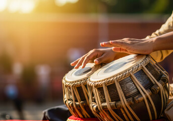 Close-up of Musician's Hands Expertly Playing the Tabla, an Iconic Indian Percussion Instrument, Bathed in Golden Sunlight.