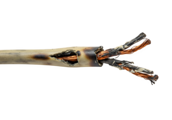 Old damaged extension cord showing potential fire hazard isolated on white or transparent background. PNG