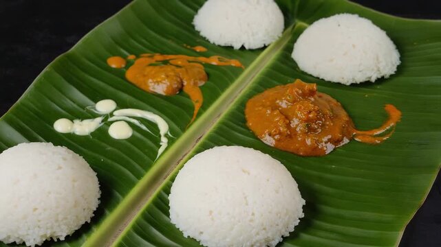 Authentic South Indian meal presentation on banana leaf with rice balls and vibrant curries, a culinary experience that transports you, savory flavors and a cultural journey