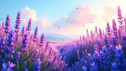 Fototapeta premium Serene Lavender Field at Sunrise with Gentle Birds in Flight