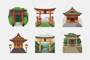Shinto shrine and torii icons, heritage temple vector, red gate illustration, cultural landmark clipart, travel design elements