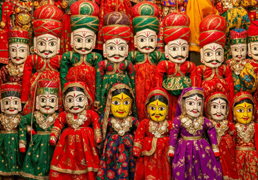 A Vibrant Display of Traditional Indian Kathputli Puppets, Showc