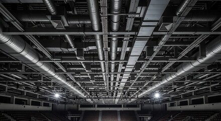 Industrial ceiling with complex network of ducts, pipes, and lighting. Showcasing advanced engineering and architectural design in a large indoor venue.