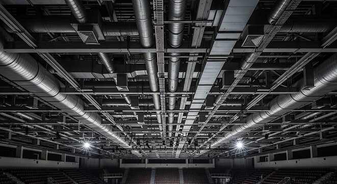 Industrial ceiling with complex network of ducts, pipes, and lighting. Showcasing advanced engineering and architectural design in a large indoor venue.