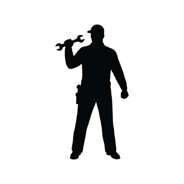 recommend clip art: Silhouette mechanic holding wrench worker with tool industrial profession repairman handyman isolated vector