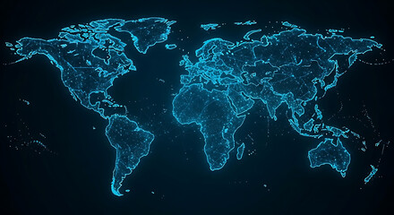 Glowing blue world map with digital network visualization showing global connections, data nodes, and technology communication pathways
