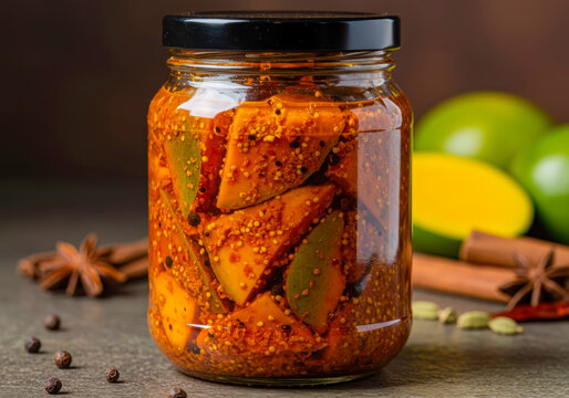 Authentic Homemade Indian Mango Pickle, known as Achaar, Presented in a Glass Jar with Fresh Mangoes and Aromatic Spices.