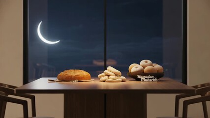 Ramadan Mubarak feast with delicious bread and donuts under the crescent moon creating a warm, inviting atmosphere for a family gathering, perfect for holiday celebrations