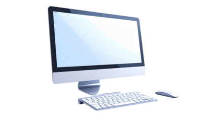 Desktop computer monitor with wireless keyboard and mouse, isolated on transparent background