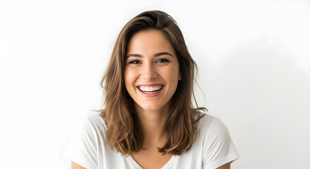 Smiling brunette woman with perfect teeth, radiating joy and happiness