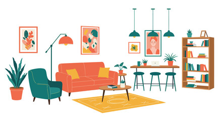 Fototapeta premium Stylized flat vector illustration of a vibrant guesthouse common area decor