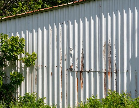 Weathered corrugated metal wall with rust and peeling paint, partially obscured by vegetation