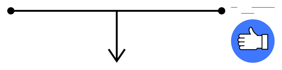 Approval concept with a blue thumbs-up icon, straight line, and downward arrow. Ideal for decision flow, feedback, user experience, approval process, usability, guidance and simple landing page