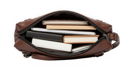 Brown Leather Bag With Books And Notebooks
