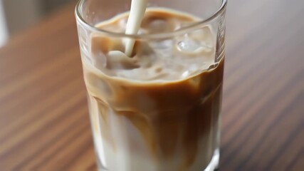 Milk being poured into a glass of iced coffee - Powered by Adobe