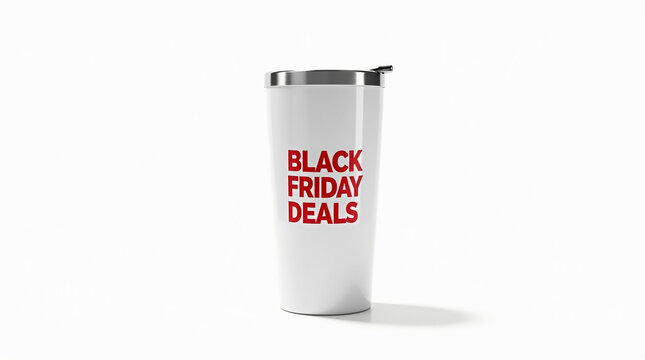 Black friday deals on white tumbler isolated on white background a promotional image featuring a sleek white tumbler adorned with the bold red text black friday deals, perfect for advertising seasonal - Powered by Adobe
