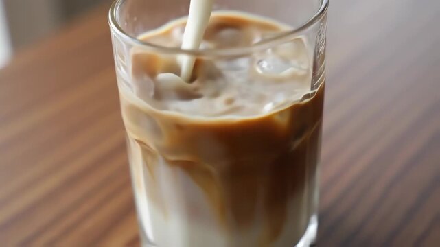 Milk being poured into a glass of iced coffee
