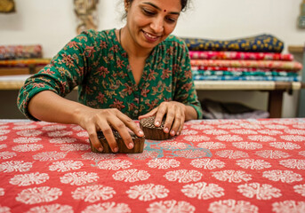 An Indian Artisan Smiles While Skillfully Applying Traditional B