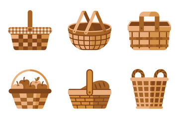 Wicker basket and picnic hamper collection, woven market basket fruit hamper icons, rustic storage vector, craft packaging illustration