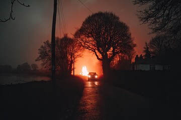 Silhouetted car on a country road at dawn/dusk, bathed in fiery light
