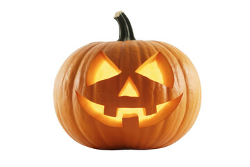 Spooky jack o lantern halloween pumpkin glowing with light isolated on transparent background