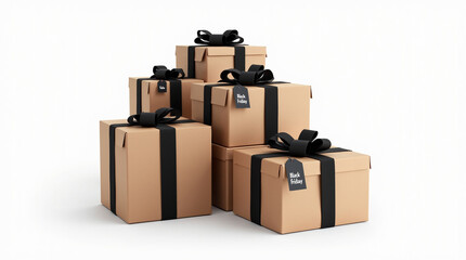 A stack of kraft gift boxes with black ribbons and bows isolated on white background, perfect for celebrating holidays, birthdays, and special occasions with style and elegance