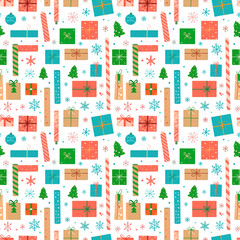 Fototapeta premium Geometric and colorful seamless vector pattern of Christmas trees and houses for fabric, textile, and wallpaper design