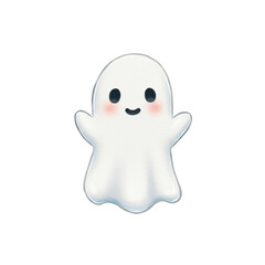 Obraz premium Cute smiling ghost with rosy cheeks, adorable Halloween character illustration for greeting cards, party invitations, stickers, children's books, festive decorations, and seasonal digital art