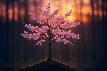 Blossoming cherry tree on a mossy hill against a sunset background