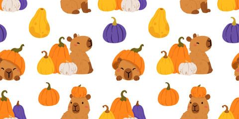 Cute Halloween capybara seamless pattern, spooky cartoon capybaras dressed as mummy, ghost, witch, pumpkin, with gravestone, candles, broom, toilet paper and pumpkins, kawaii animal vector background