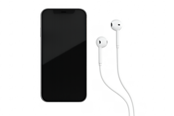 Smartphone with blank screen displaying near white earphones on transparent background