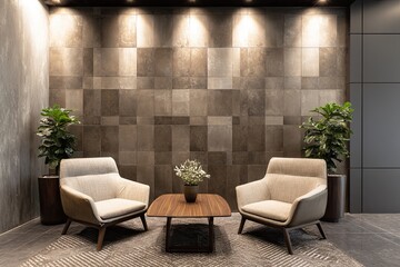 Modern waiting area with light beige armchairs and a wooden coffee table