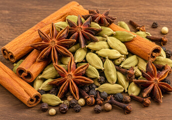 An Inviting Array of Aromatic Whole Spices, Including Cinnamon, Star Anise, Cardamom, and Cloves, on a Rich Wooden Background