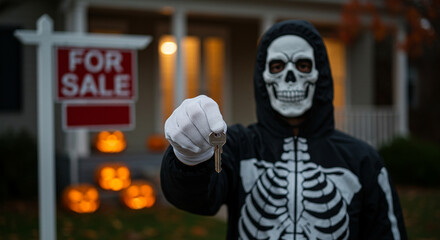 Skeleton Costume Real Estate Agent Holding House Key, Halloween Property Promotion