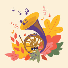 An illustration of a French Horn surrounded by a pile of colorful autumn leaves. Orange, yellow, violet, pink, green, on a light background. For banners, invitations, and postcards