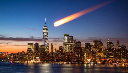Obraz premium Apocalyptic vision of a fiery asteroid descending upon an illuminated urban cityscape during a dramatic sunset.