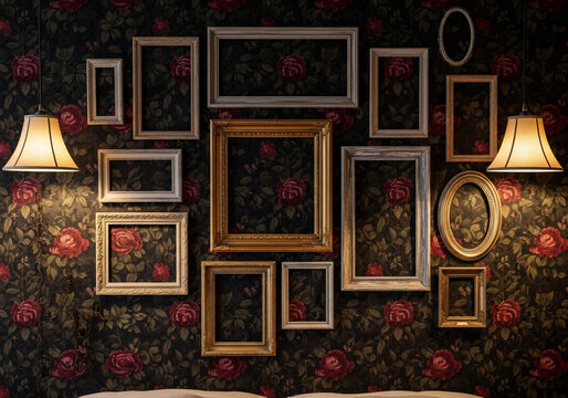 Fototapeta Ornate Empty Frames Illuminated on Dark Floral Wallpaper Wall