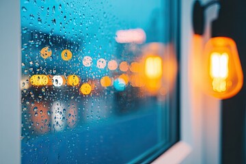 Obraz premium Rainy window, city lights blurred