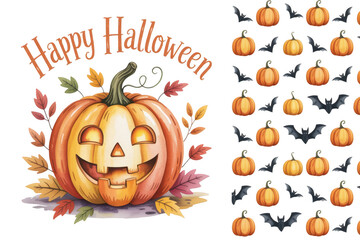 Spooky jack o lantern with autumn leaves isolated on transparent background