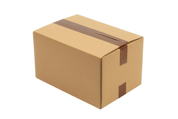 Brown cardboard shipping box with tape isolated on transparent background