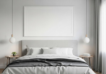 Modern Minimalist Bedroom Interior with Blank Wall Art Frame