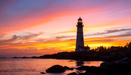 Majestic lighthouse against a vibrant sunset sky near the tranquil sea coast