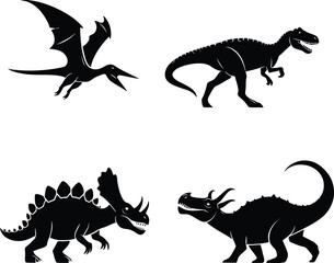 Fototapeta premium Dinosaur silhouette vector set prehistoric animals collection tyrannosaurus triceratops pterodactyl