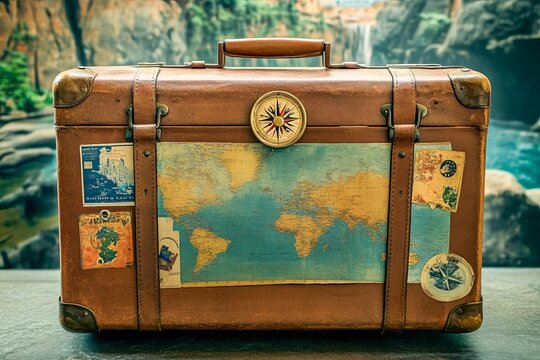Vintage suitcase with travel stickers world map compass and leather straps