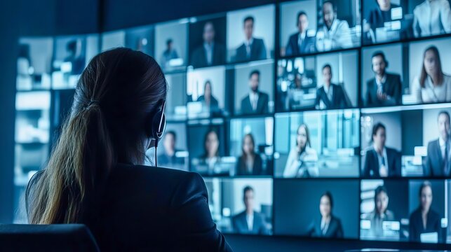 Virtual conference call with global participants  Digital screens displaying diverse professionals Balanced screen lighting and focus on video grid Evokes global collaboration and connectivity - Powered by Adobe