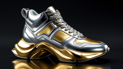 Futuristic Silver and Gold High Top Sneaker shoe footwear