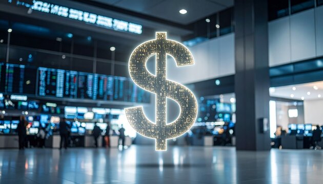 Glowing dollar sign hologram symbolizing digital currency and global financial technology in a modern stock market exchange.