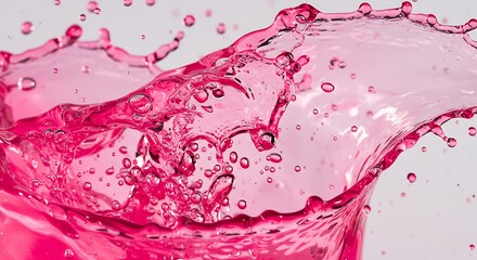 A vibrant crown of pink liquid erupts in a dynamic, high-speed splash with effervescent bubbles against a clean white backdrop.