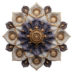 Intricate mandala ornament with gold and purple details isolated on transparent background